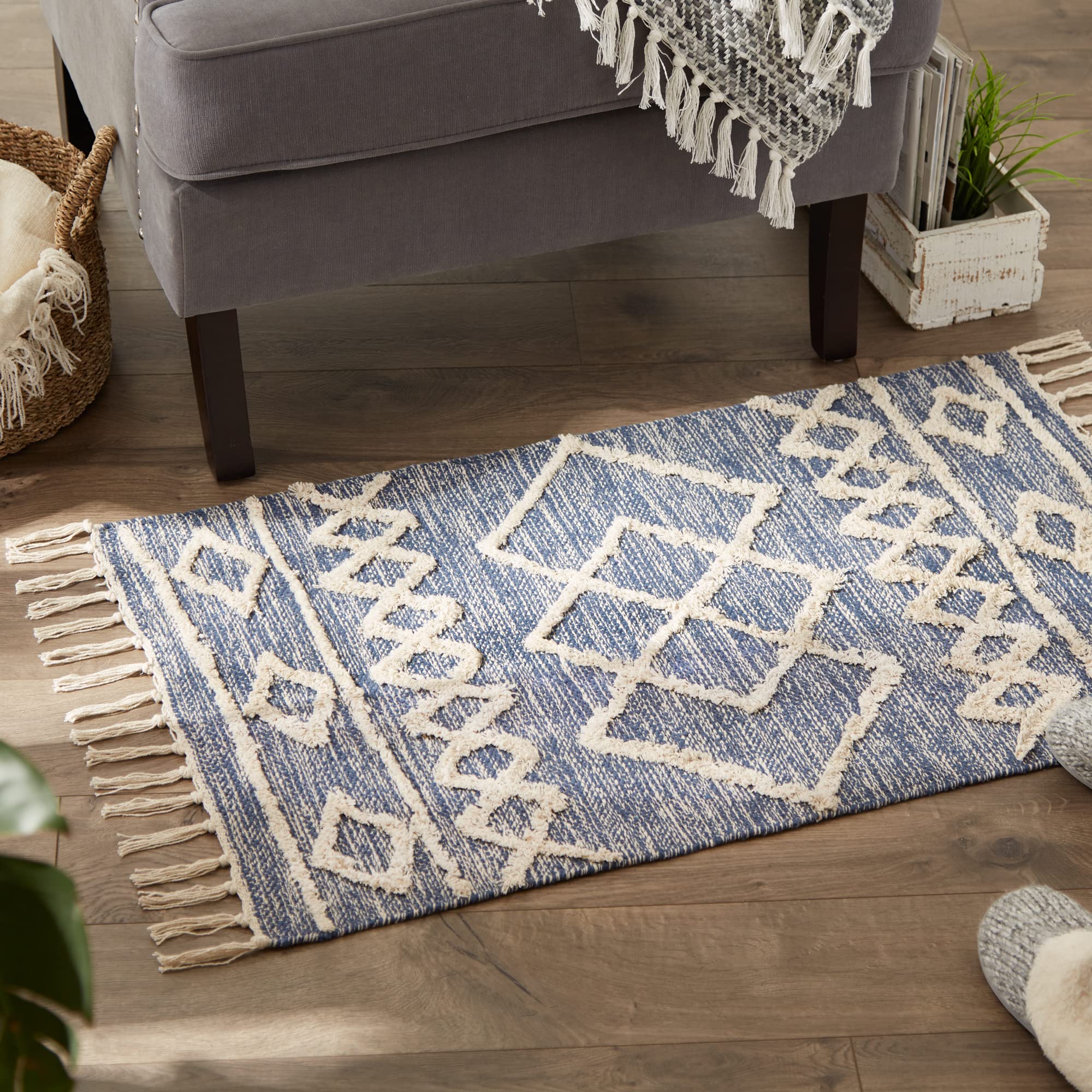 DII Textured Woven Rug Collection Hand-Loomed Shag Printed, 2x3 Ft, Scandinavian French Blue