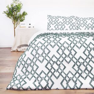 safe and sound duvet cover, soft, breathable 3 pieces bedding set with zipper closure, 8 corner ties, 2 pillow shams, 1 duvet cover for all seasons (king, 104x90'', white & green)