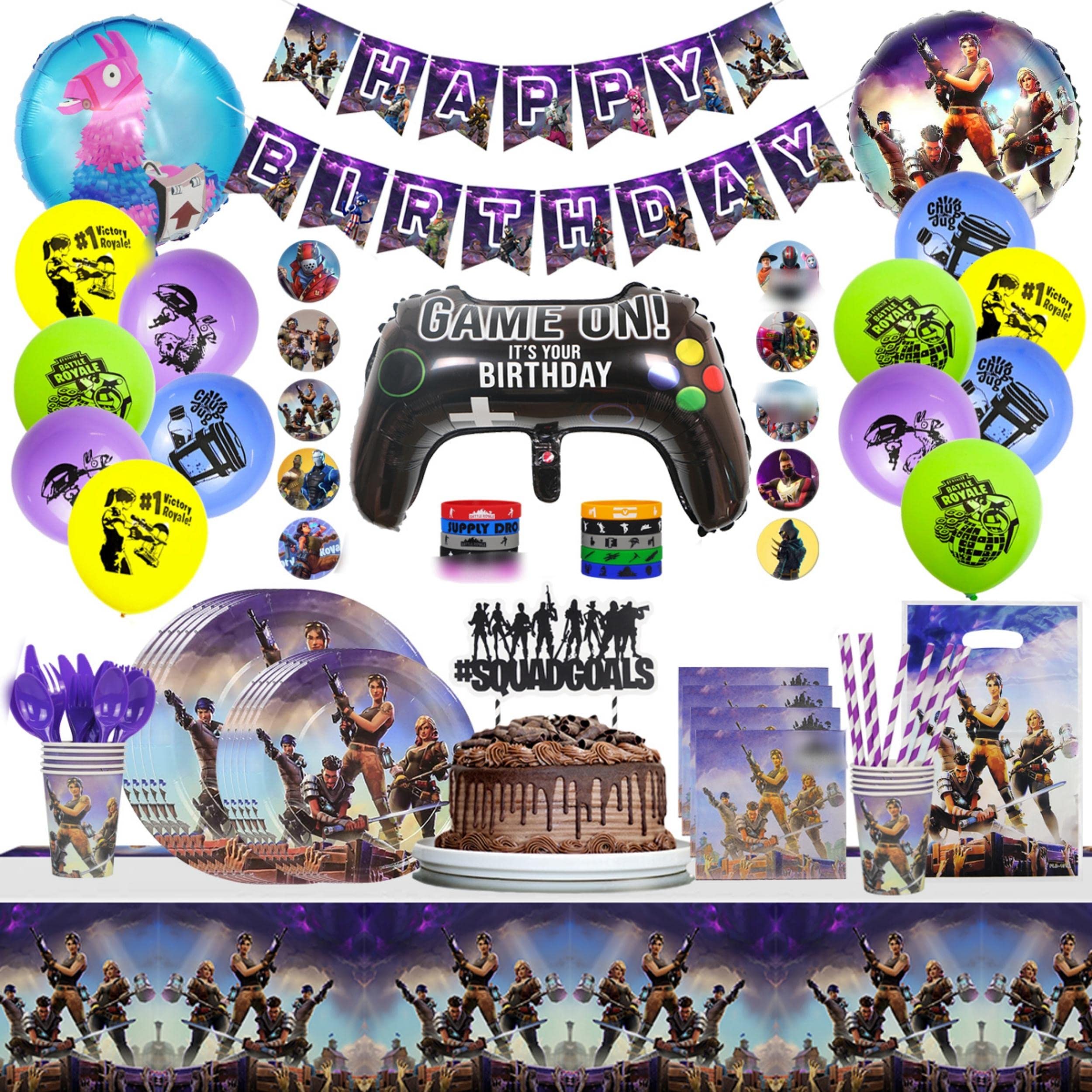 Gamer Birthday Decorations for boys 142 pcs Video Game Party Supplies - include Balloons, Party Favors Bags, Flatware, Spoons, Plates, Cups, Table Cover, Cake Topper, Bracelets, Button Pins, Banner