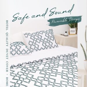 Safe and Sound Duvet Cover, Soft, Breathable 3 Pieces Bedding Set with Zipper Closure, 8 Corner Ties, 2 Pillow Shams, 1 Duvet Cover for All Seasons (King, 104X90'', White & Green)