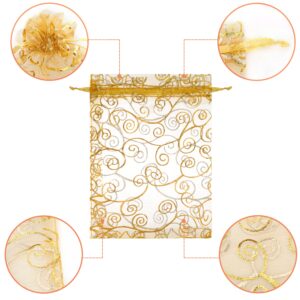 Staruby Organza Gift Bags 100Pcs Gold Sheer Organza Bag 5x7 Inch Mesh Favor Bags Drawstring Jewelry Rattan Printed Gift Pouches for Wedding Party Favors Baby Shower Christmas Gifts Candy Bags