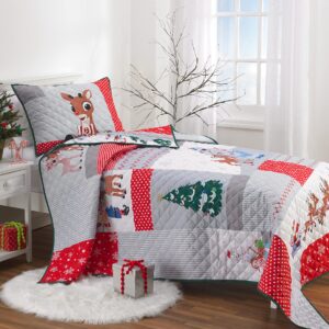 Franco Rudolph The Red Nose Reindeer Holiday Bedding Super Soft Pillow Sham and Quilt Set, Full/Queen Size 88" x 92", (100% Officially Licensed Product)