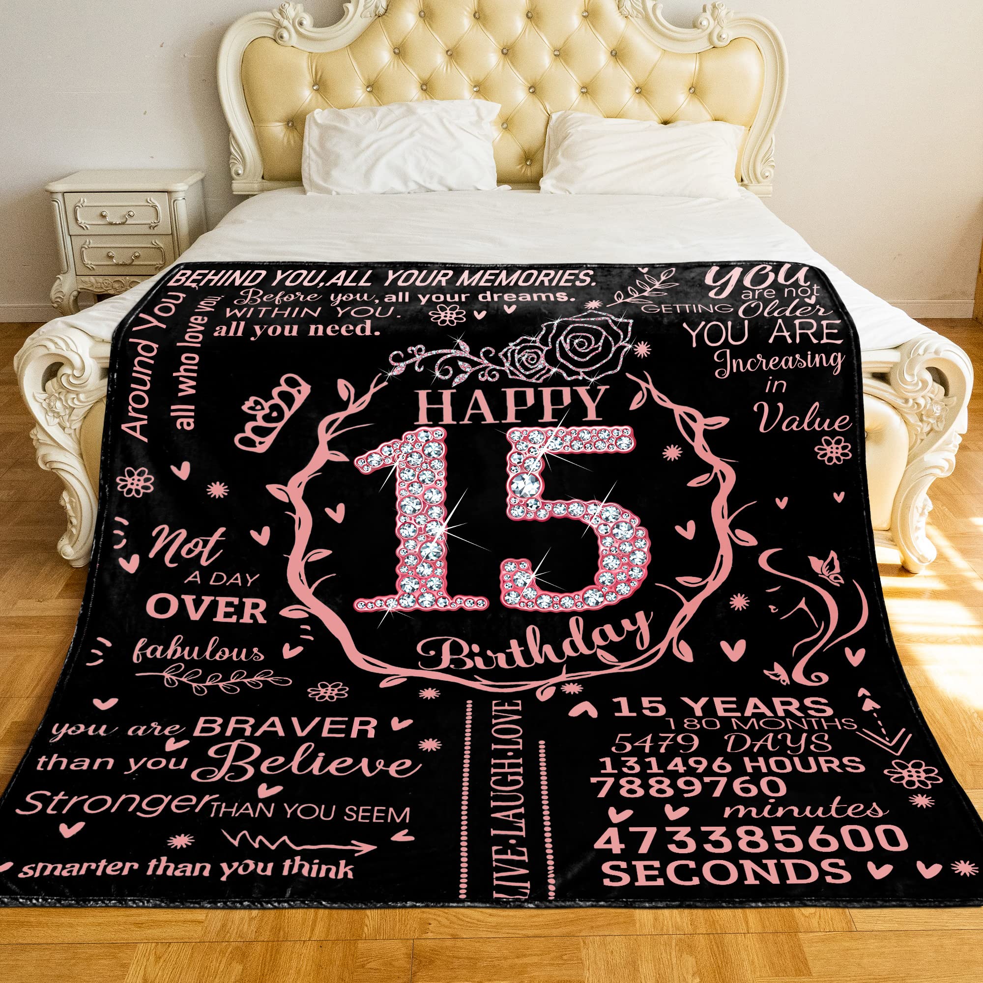 15th Birthday Blanket Gifts for Girls - Happy 15th Birthday Gift Ideas for Her - 15 Year Old Gifts for Daughter Sister Bestie - Personalized Flannel Fleece Soft Throw Blanket