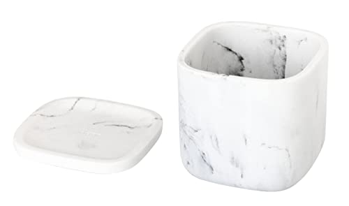 Vigar Zense Collection White Marble Square Toiletries Container Box with Lid, Holder for Cotton Balls and Hair Accessories, for Modern Luxury Bathroom and Bedroom, Fine Polyresin Stone