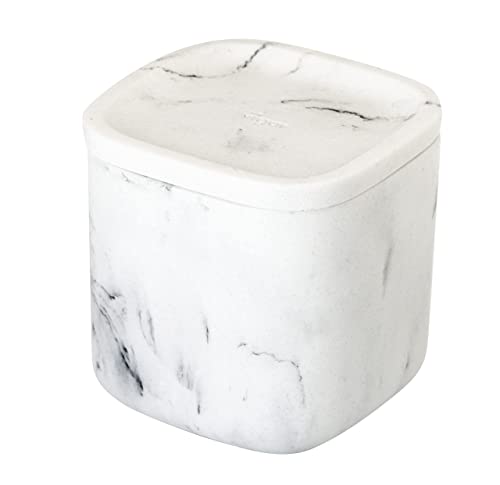 Vigar Zense Collection White Marble Square Toiletries Container Box with Lid, Holder for Cotton Balls and Hair Accessories, for Modern Luxury Bathroom and Bedroom, Fine Polyresin Stone