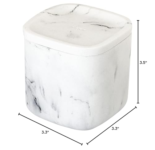 Vigar Zense Collection White Marble Square Toiletries Container Box with Lid, Holder for Cotton Balls and Hair Accessories, for Modern Luxury Bathroom and Bedroom, Fine Polyresin Stone