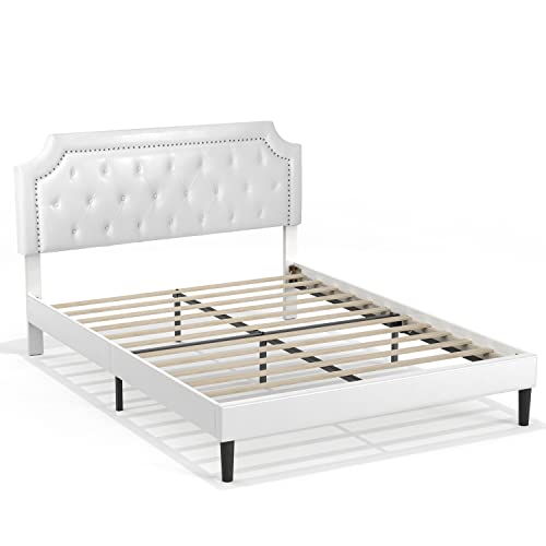 BONSOIR Bed Frame Upholstered Low Profile Platform Bed with Tufted Faux Leather Headboard/No Box Spring Needed/No Bed Skirt Needed (White, Queen Size)