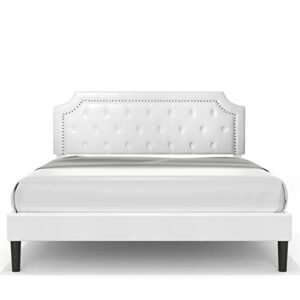 bonsoir bed frame upholstered low profile platform bed with tufted faux leather headboard/no box spring needed/no bed skirt needed (white, queen size)