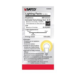 Satco S39836/06 9.8-Watt LED E26 Light Bulbs, 3000K, 25000 Hour Rating, Dimmable, 1 Count (Pack of 6)