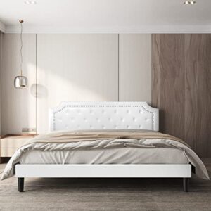 BONSOIR Bed Frame Upholstered Low Profile Platform Bed with Tufted Faux Leather Headboard/No Box Spring Needed/No Bed Skirt Needed (White, Queen Size)