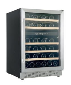 everdure 46 bottle luxury wine cooler & beverage refrigerator, built in or free-standing, dual zone, stainless steel with reversible glass door, beech wood shelves and led display touchpad