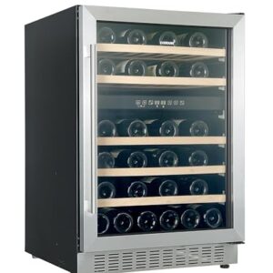 Everdure 46 Bottle Luxury Wine Cooler & Beverage Refrigerator, Built in or Free-Standing, Dual Zone, Stainless Steel with Reversible Glass Door, Beech Wood Shelves and LED Display Touchpad