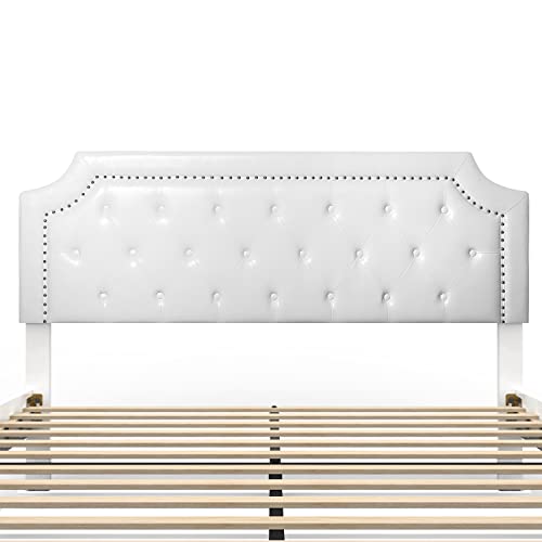 BONSOIR Bed Frame Upholstered Low Profile Platform Bed with Tufted Faux Leather Headboard/No Box Spring Needed/No Bed Skirt Needed (White, Queen Size)