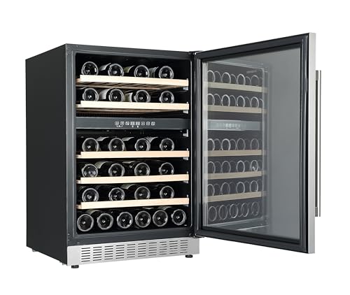 Everdure 46 Bottle Luxury Wine Cooler & Beverage Refrigerator, Built in or Free-Standing, Dual Zone, Stainless Steel with Reversible Glass Door, Beech Wood Shelves and LED Display Touchpad