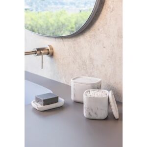 Vigar Zense Collection White Marble Square Toiletries Container Box with Lid, Holder for Cotton Balls and Hair Accessories, for Modern Luxury Bathroom and Bedroom, Fine Polyresin Stone