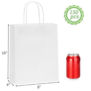 Moretoes 150pcs White Paper Bags, 8x4x10 Inches Medium Gift Bags with Handles Bulk, Kraft Paper Bags, Retail Bags, Small Business, Shopping Bags