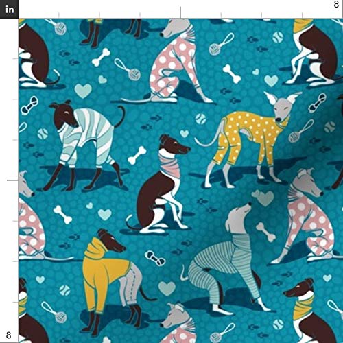 Spoonflower Fabric - Small Scale Greyhounds Turquoise Greyhound Dogs Breeds Hound Printed on Petal Signature Cotton Fabric by The Yard - Sewing Quilting Apparel Crafts Decor