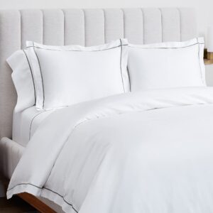 BOLL & BRANCH Signature Embroidered Duvet Set - King/Cal King, White/Stone - Luxury 100% Organic Cotton - 1 Duvet Cover, 2 Shams - Hidden Closures