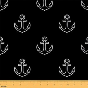 feelyou anchor decor fabric by the yard, nautical themed upholstery fabric, ocean coastal navigation outdoor fabric, sea adventure reupholstery fabric for chairs, 2 yards, black white