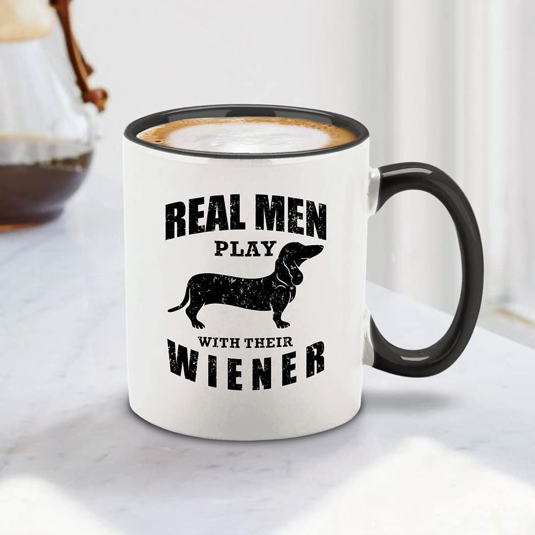 shop4ever Real Men Play with their Wiener Ceramic Coffee Mug Tea Cup, Funny Dachshund Weiner Dog Dad Gift 11 oz. (Black Handle)