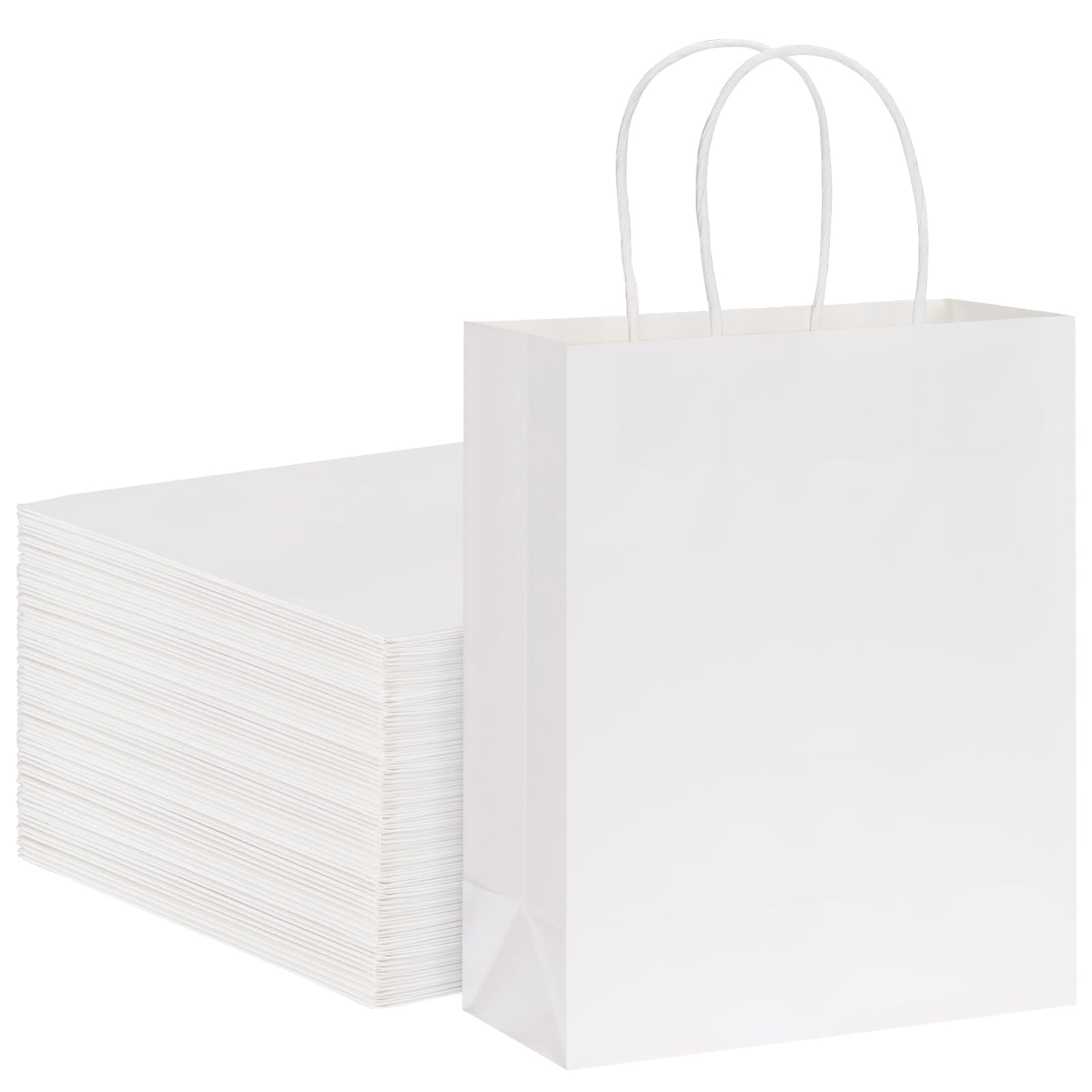 Moretoes 150pcs White Paper Bags, 8x4x10 Inches Medium Gift Bags with Handles Bulk, Kraft Paper Bags, Retail Bags, Small Business, Shopping Bags