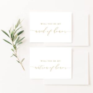 Will You Be My Bridesmaid Cards 4x5.5 Folded White Proposal Card with Gold Caligraphy with Gold Foil Lined Envelopes 6 Bridesmaid Cards 1 Maid of Honor Card and 1 Matron of Honor Card Set Elegant