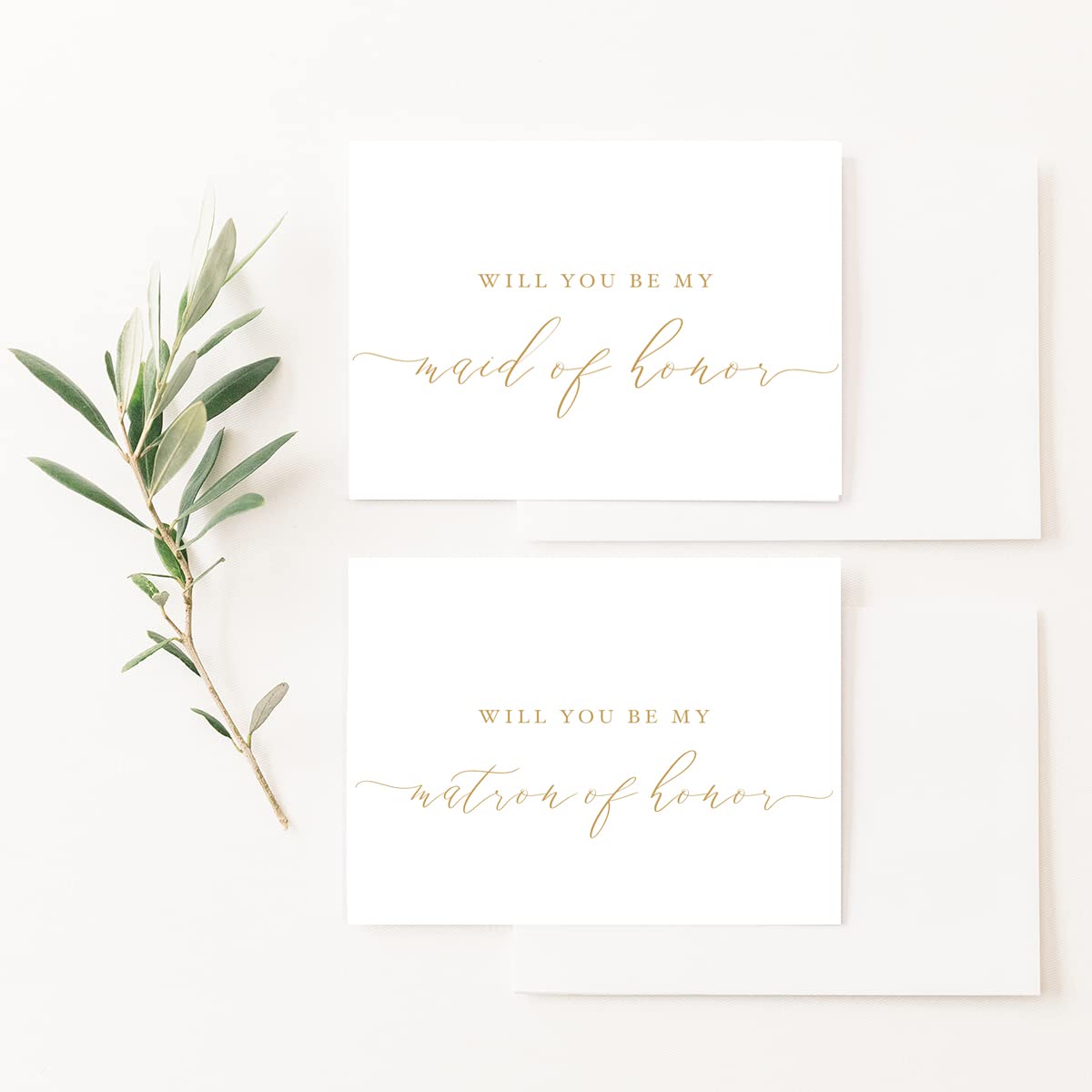 Will You Be My Bridesmaid Cards 4x5.5 Folded White Proposal Card with Gold Caligraphy with Gold Foil Lined Envelopes 6 Bridesmaid Cards 1 Maid of Honor Card and 1 Matron of Honor Card Set Elegant