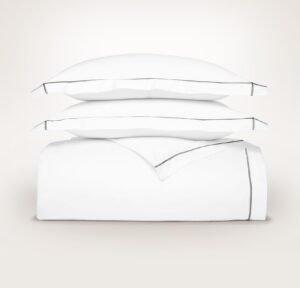 boll & branch signature embroidered duvet set - king/cal king, white/stone - luxury 100% organic cotton - 1 duvet cover, 2 shams - hidden closures