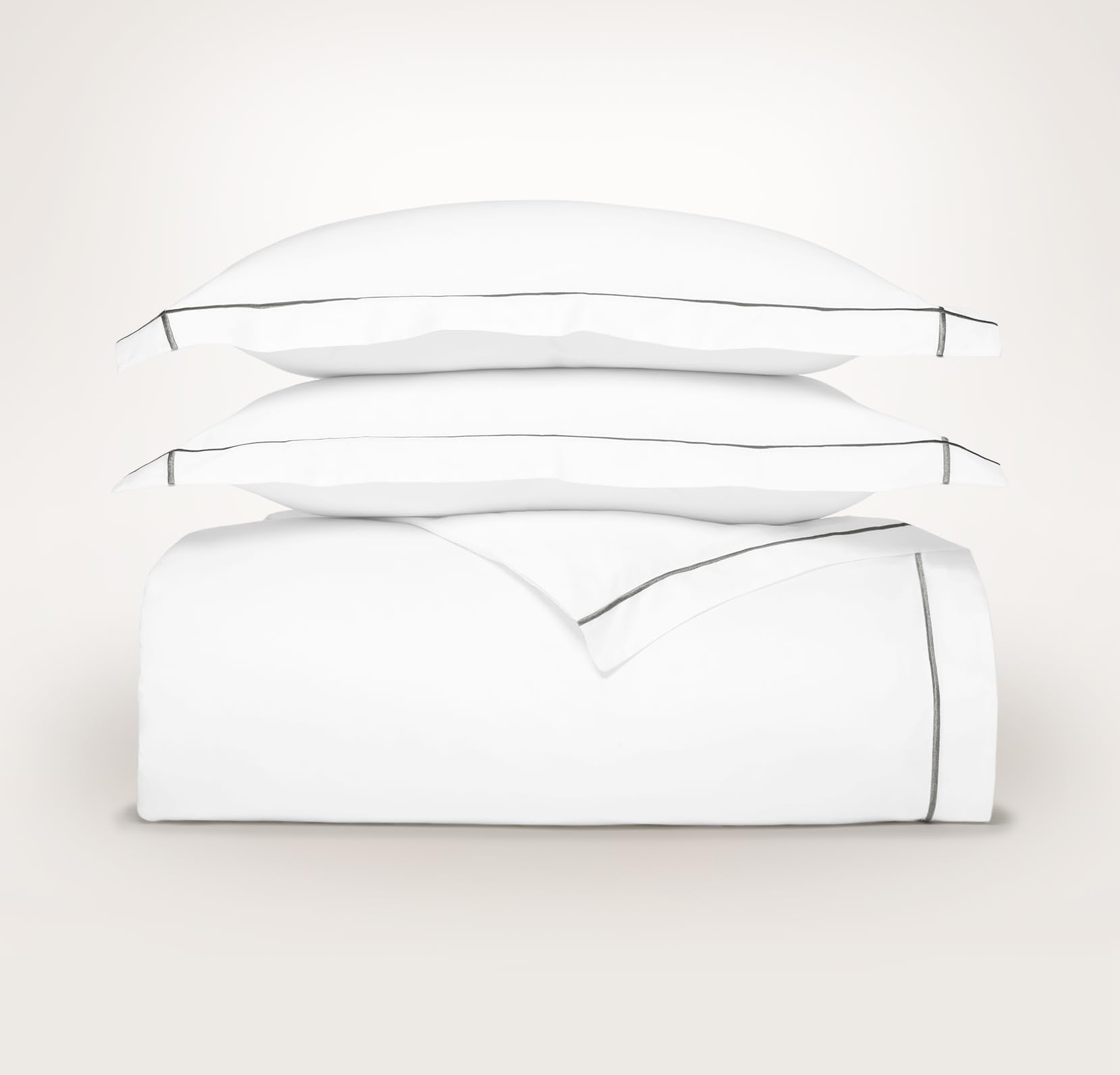 BOLL & BRANCH Signature Embroidered Duvet Set - King/Cal King, White/Stone - Luxury 100% Organic Cotton - 1 Duvet Cover, 2 Shams - Hidden Closures