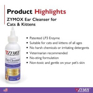 Zymox Enzymatic Ear Cleanser for Cats & Kittens, 4 oz. – Cleans & Refreshes Ear Canal for Relief from Ear Wax & Dirt Buildup