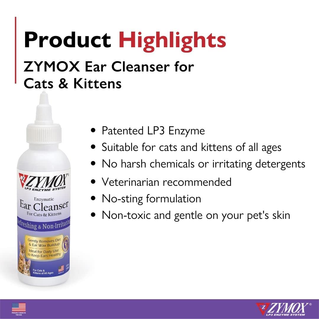 Zymox Enzymatic Ear Cleanser for Cats & Kittens, 4 oz. – Cleans & Refreshes Ear Canal for Relief from Ear Wax & Dirt Buildup