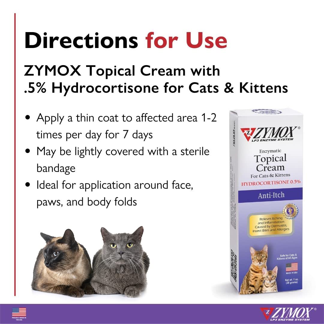 Zymox Enzymatic Anti-Itch Topical Cream with 0.5% Hydrocortisone for Cats & Kittens, 1 oz. – Multi-Purpose Cream for Hot Spots, Itchiness, Rashes, Skin Irritation, Allergies & Insect Bites