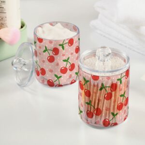 Vnurnrn Clear Plastic Jar Set for Cotton Ball, Cotton Swab, Cotton Round Pads, Floss, Cute Heart Fruit Cherry Pattern Bathroom Canisters Storage Organizer, Vanity Makeup Organizer,2Pack