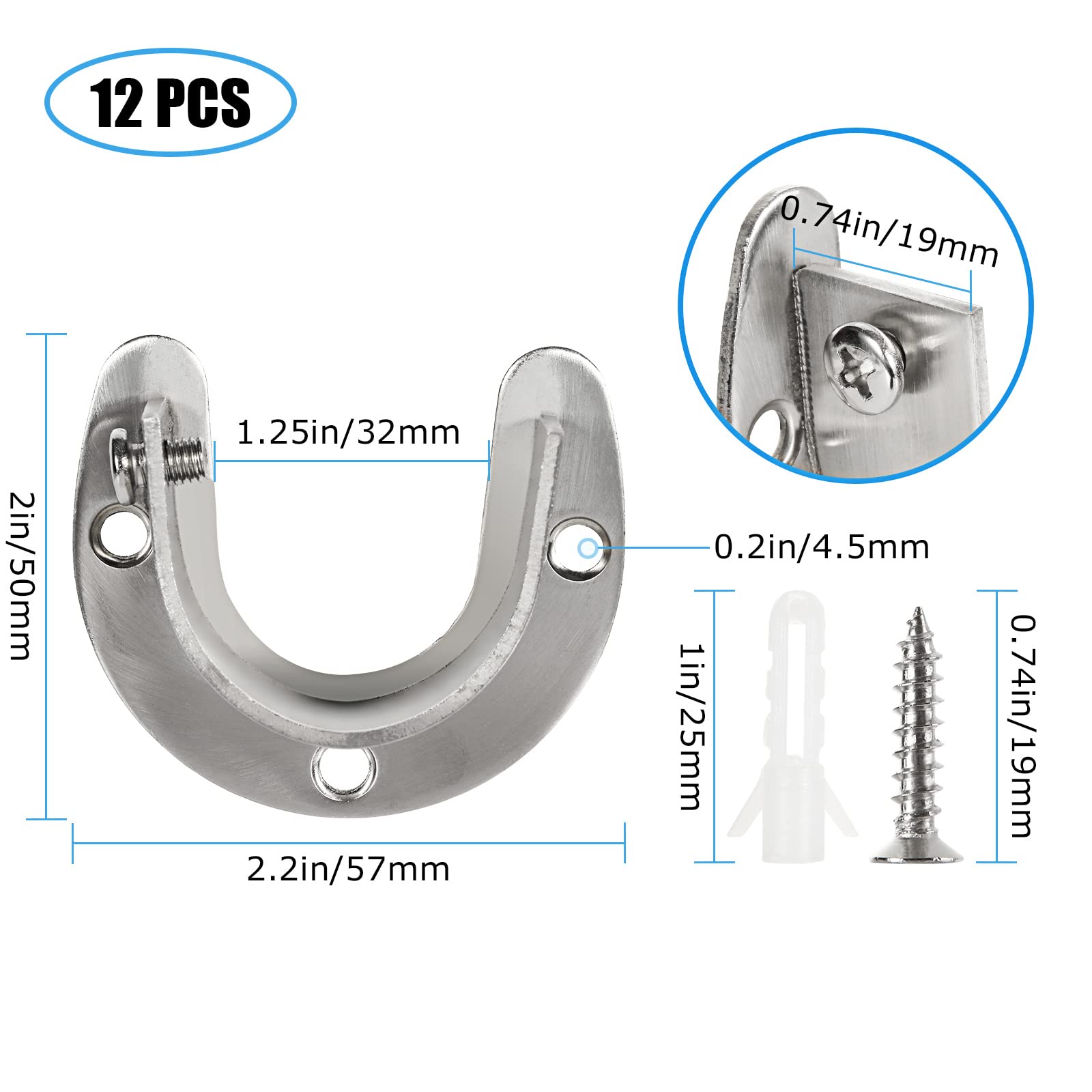 12 PCS Stainless Steel Closet Rod Brackets, 1-1/4 Inch Dia Heavy Duty Socket Flange Rod Holder, Shower Curtain Rod Pole End Supports, Open Type Wardrobe Bracket Holder with Screws U-Shaped, Silver