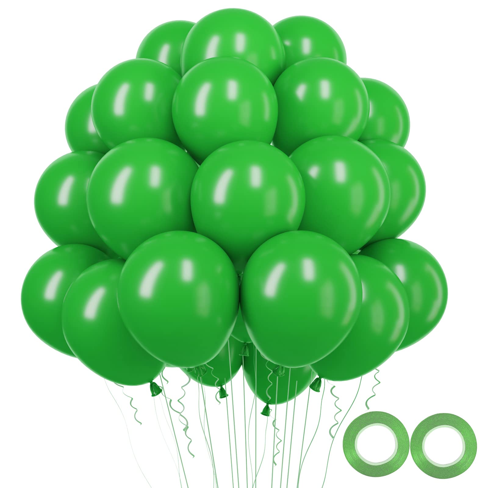 RUBFAC Green Balloons Latex Party Balloons, 100pcs 12 Inch Green Helium Balloons for Party Decoration Like Birthday Party, Baby Shower, Gender Reveal, Anniversary, Jungle Party (with Green Ribbon)