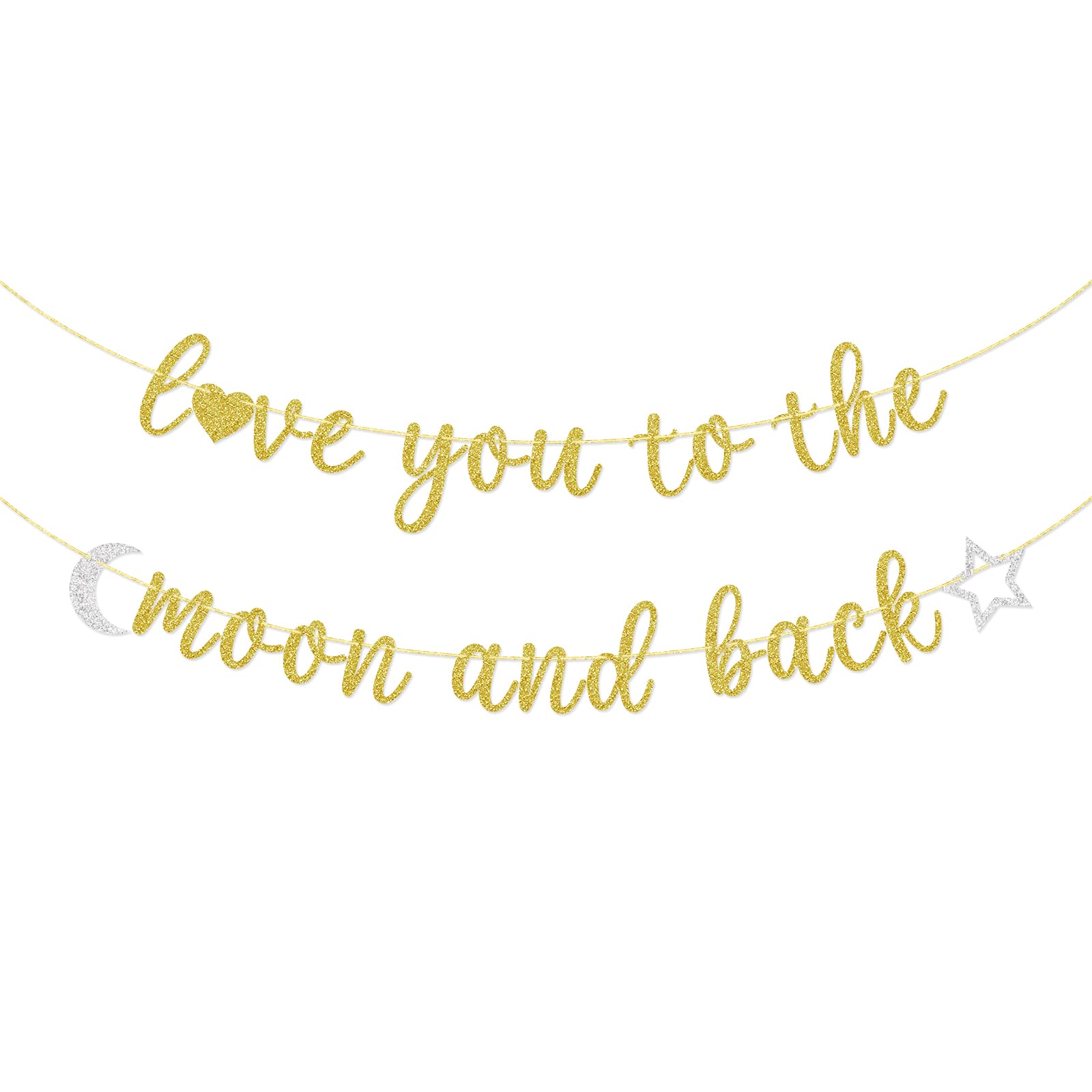 Love You to the Moon and Back Banner, Wedding Bridal Shower Baby Shower Anniversary Party Decorations Gold Glitter