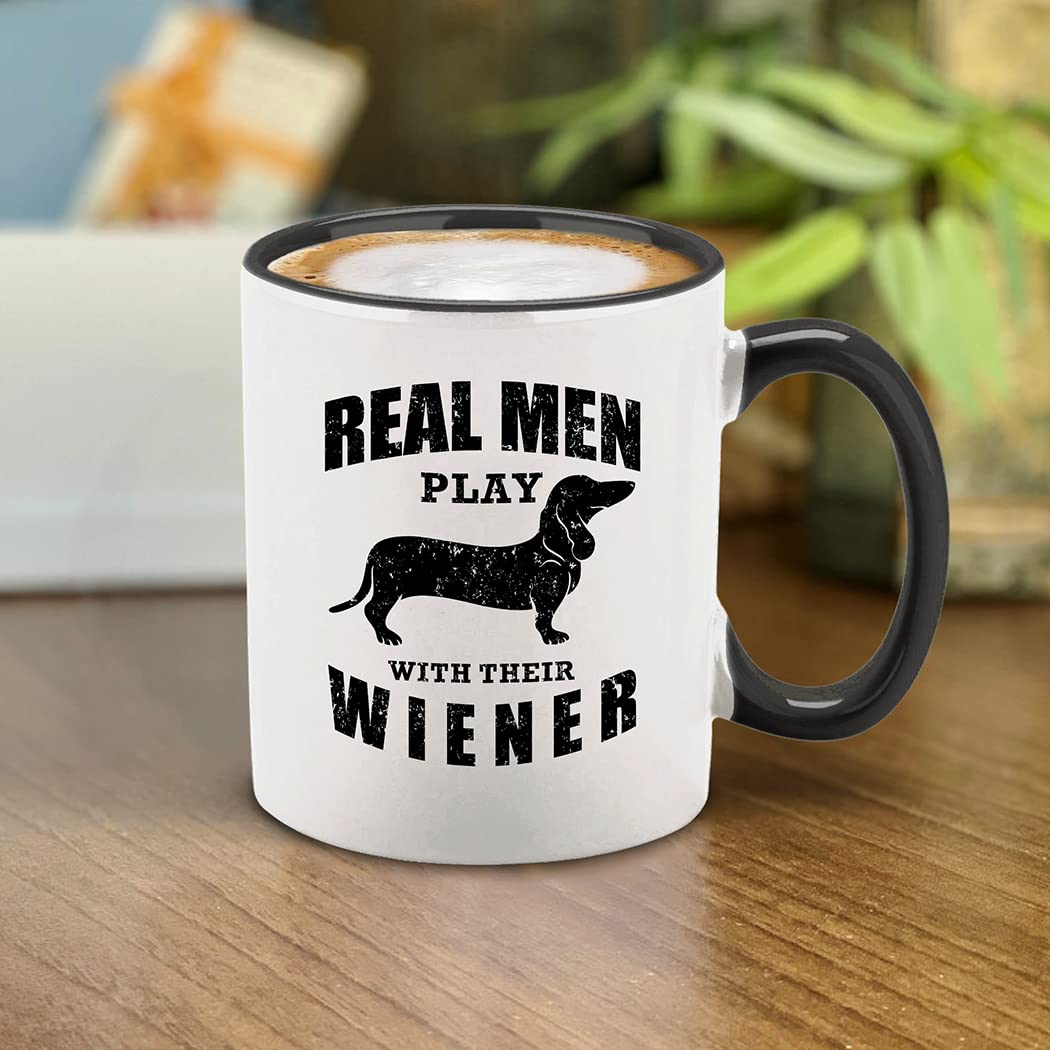 shop4ever Real Men Play with their Wiener Ceramic Coffee Mug Tea Cup, Funny Dachshund Weiner Dog Dad Gift 11 oz. (Black Handle)