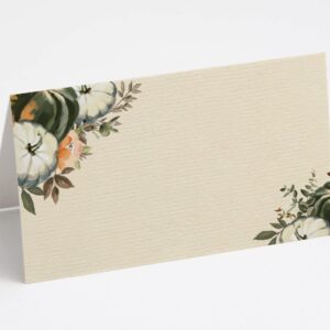 Desert Mercantile Fall Harvest Pumpkin Place Cards - 25 pack – Tented Tabler Cards for Thanksgiving Table Decor, Autumn Weddings, Holiday Buffets, Dinner Parties, or Place Settings. 2"x3.5" (folded).