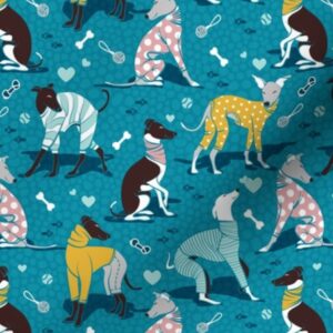 Spoonflower Fabric - Small Scale Greyhounds Turquoise Greyhound Dogs Breeds Hound Printed on Petal Signature Cotton Fabric by The Yard - Sewing Quilting Apparel Crafts Decor