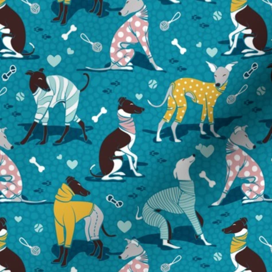 Spoonflower Fabric - Small Scale Greyhounds Turquoise Greyhound Dogs Breeds Hound Printed on Petal Signature Cotton Fabric by The Yard - Sewing Quilting Apparel Crafts Decor