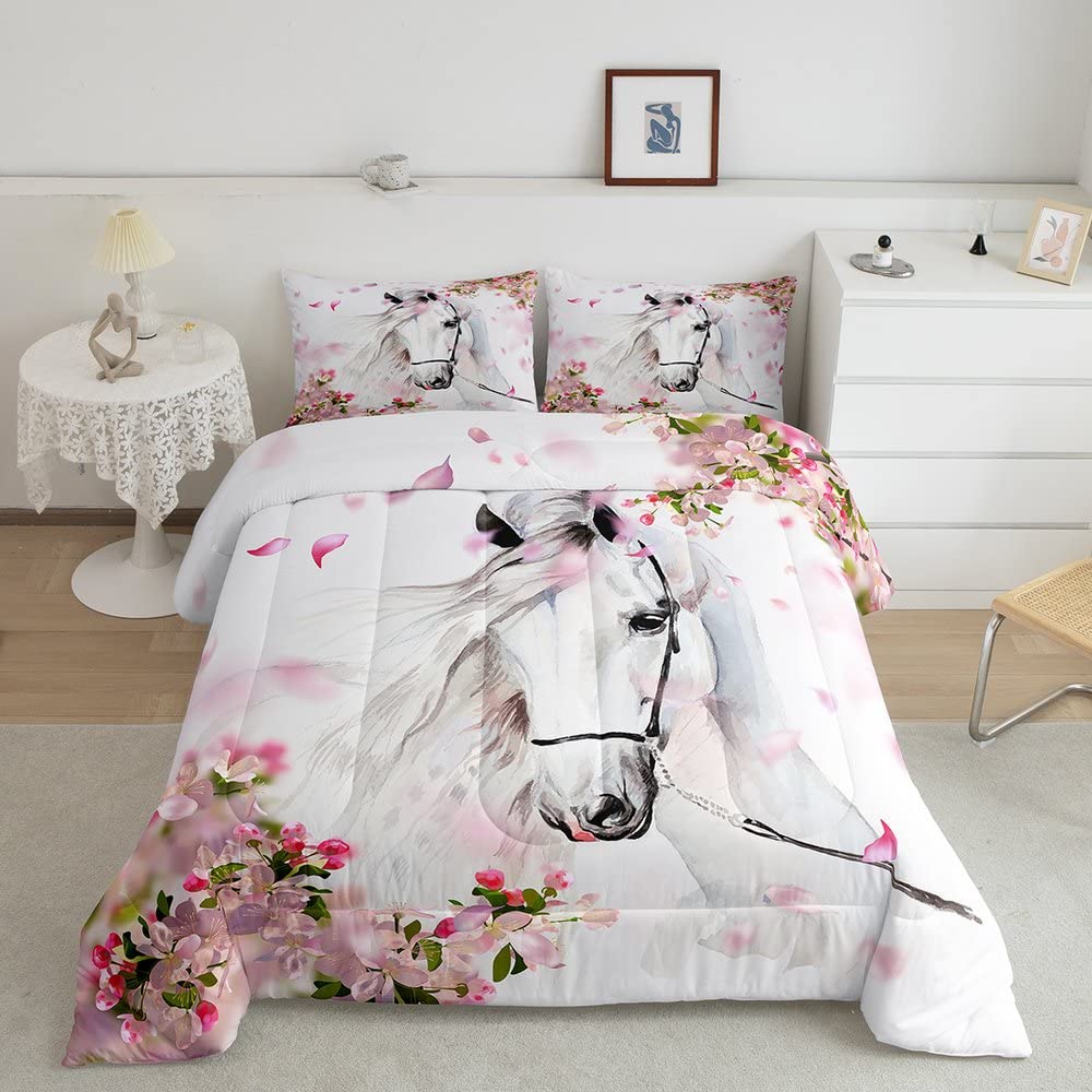 Erosebridal Girls Horse Comforter Set Twin Chic Cherry Blossom Bedding Set Boys Teens Galloping White Horse Duvet Insert 3D Wild Animal Horse Quilts Western Rustic Farmhouse Style Bedroom Decor 2 Pcs