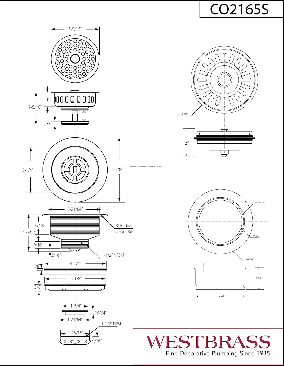 Westbrass CO2165S-50 Combo Pack 3-1/2" Post Style Large Kitchen Sink Waste Disposal Drain Flange with Basket Strainer, 1-Pack, Powder Coate White