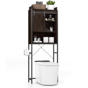 tangkula over-the-toilet storage cabinet, freestanding 4-tier bathroom rack w/adjustable shelf & sliding barn door, multifunctional bathroom space saver, 25 x 9.5 x 67.5 in (espresso)