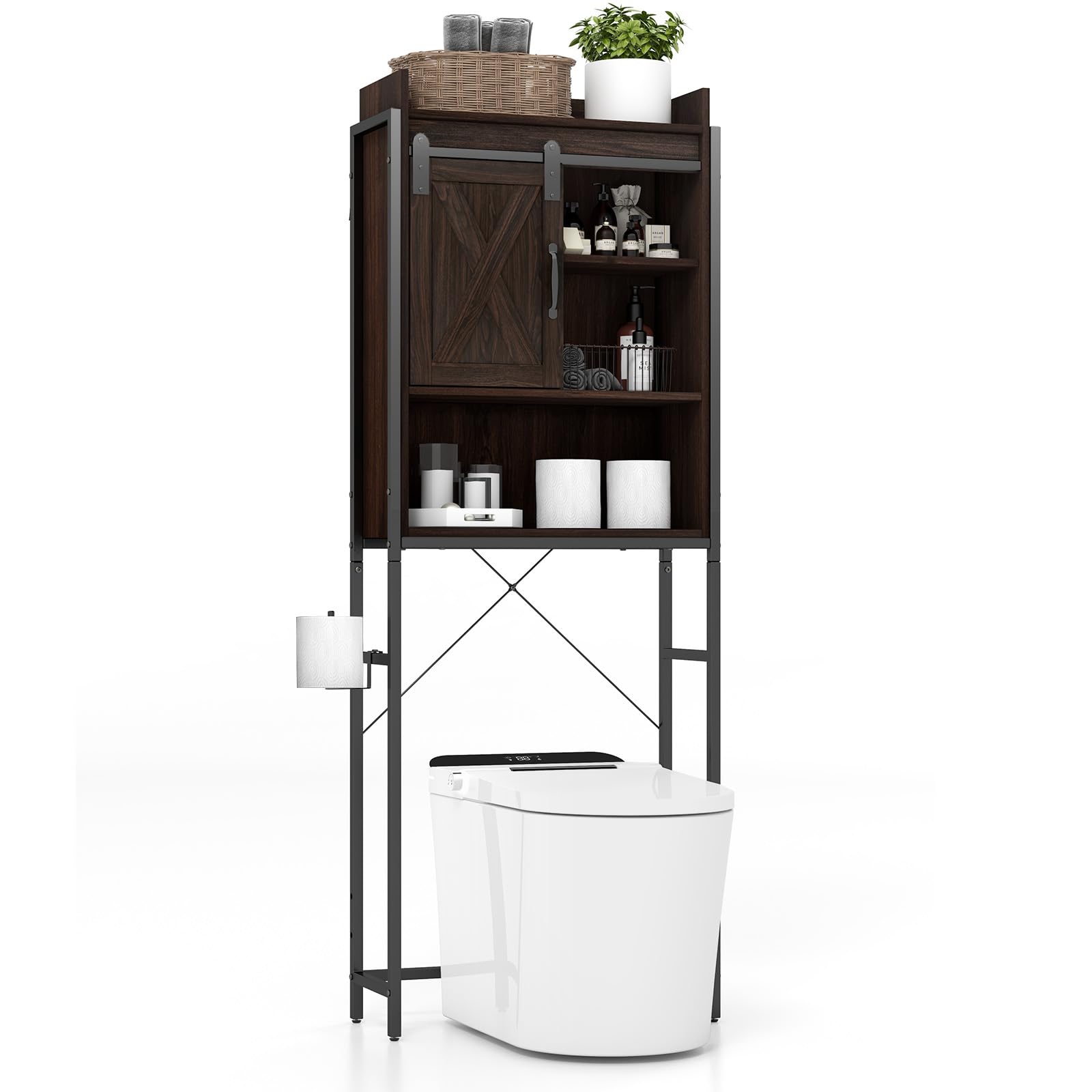 Tangkula Over-The-Toilet Storage Cabinet, Freestanding 4-Tier Bathroom Rack w/Adjustable Shelf & Sliding Barn Door, Multifunctional Bathroom Space Saver, 25 x 9.5 x 67.5 in (Espresso)