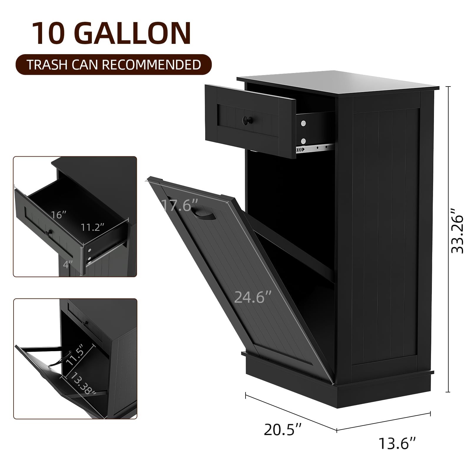 Visiblesser 10 Gallons Tilt Out Trash Bin Cabinet, Wooden Garbage Can Cabinet for Kitchen, Tilt Out Laundry Hamper Cabinet, Dog Proof Trash Cabinet Can Free Standing Holder, Black