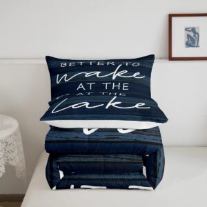 Lake Word Art Bedding Set Rustic Farmhouse Comforter Set for Kids Boys Girls Lake House Wooden Navy Blue Design Comforter Nautical Lake Quilt Room 3Pcs Full Size Boys