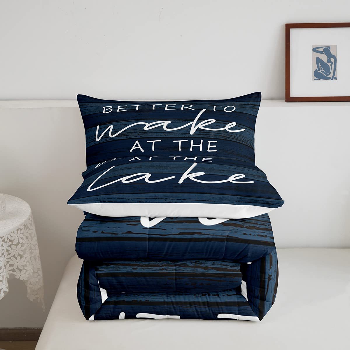 Lake Word Art Bedding Set Rustic Farmhouse Comforter Set for Kids Boys Girls Lake House Wooden Navy Blue Design Comforter Nautical Lake Quilt Room 3Pcs Full Size Boys