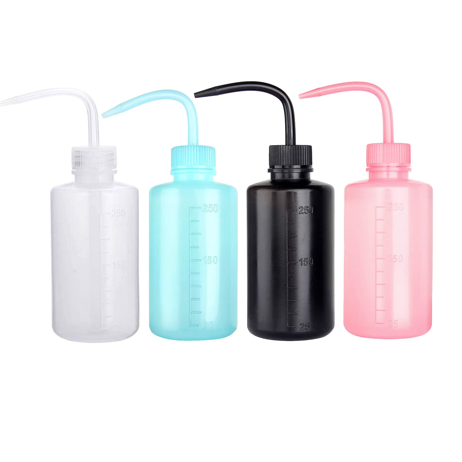 250ml Plastic Safety Wash Bottle, 4 Colors Lab Squeeze Bottle with Narrow Mouth and Scale Labels, Squirt Bottle For Plant Flower Succulent Watering - 4 Packs