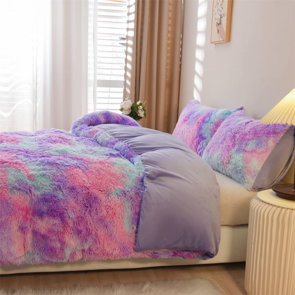 Holawakaka Aqua Teal Purple Tie Dye Shaggy Fuzzy Duvet Cover Set Queen Size Faux Fur Bedding Sets Furry Plush Comforter Cover (Teal Lavender)