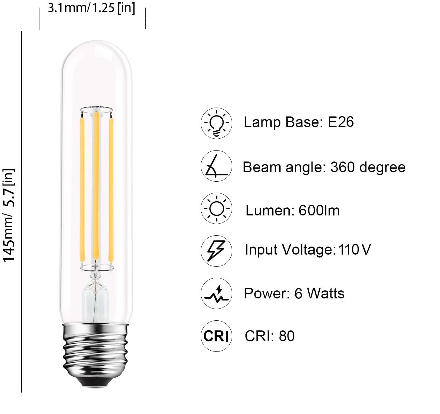 PIFUT T9 LED Bulb, E26 Dimmable LED Bulb, 110v 600Lumens 3000K 60W Equivalent, Clear Glass Tubular Light Bulb, Best Replacement for Incandescent Bulb, Candelabra LED Bulbs, 4 Pack (Warm White)